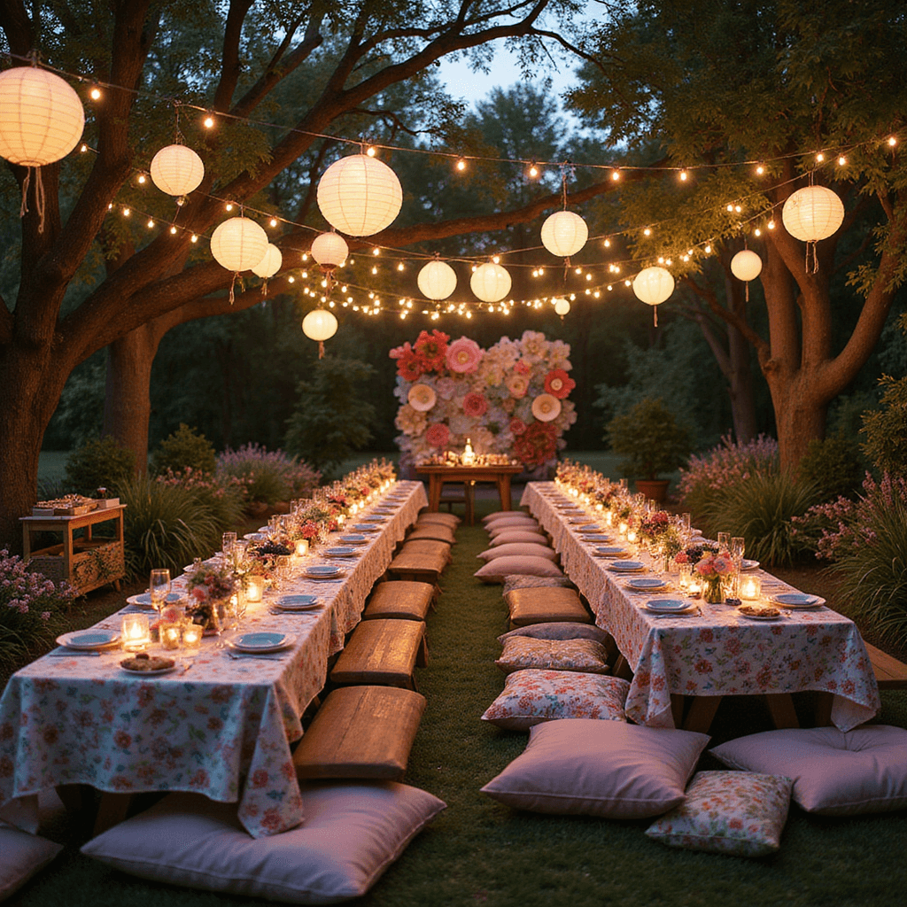 A whimsical garden party at dusk, featuring lanterns in trees, vintage floral tablecloth-covered picnic tables, colorful glassware, oversized paper flowers, a dessert cart overflowing with pies, and guests relaxing on floor cushions surrounded by a dreamy setting.