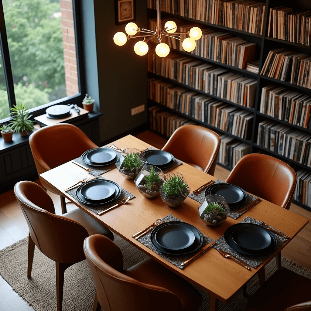 An overhead view of a cozy living room dinner party featuring a low-slung mid-century modern dining table with leather chairs, set with matte black plates and copper cutlery. Geometric terrariums with succulents serve as centerpieces, illuminated by a warm chandelier. A record player and vintage vinyl albums are visible, along with floor-to-ceiling bookshelves in the background.