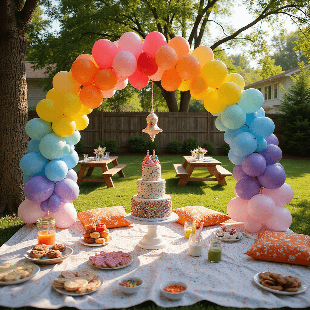 A lively backyard birthday party for children featuring a rainbow balloon arch, a colorful dessert table with funfetti cake and lollipops, cozy seating areas with picnic blankets and cushions, a DIY lemonade stand, and a piñata hanging from a tree, all set in a sunlit atmosphere.
