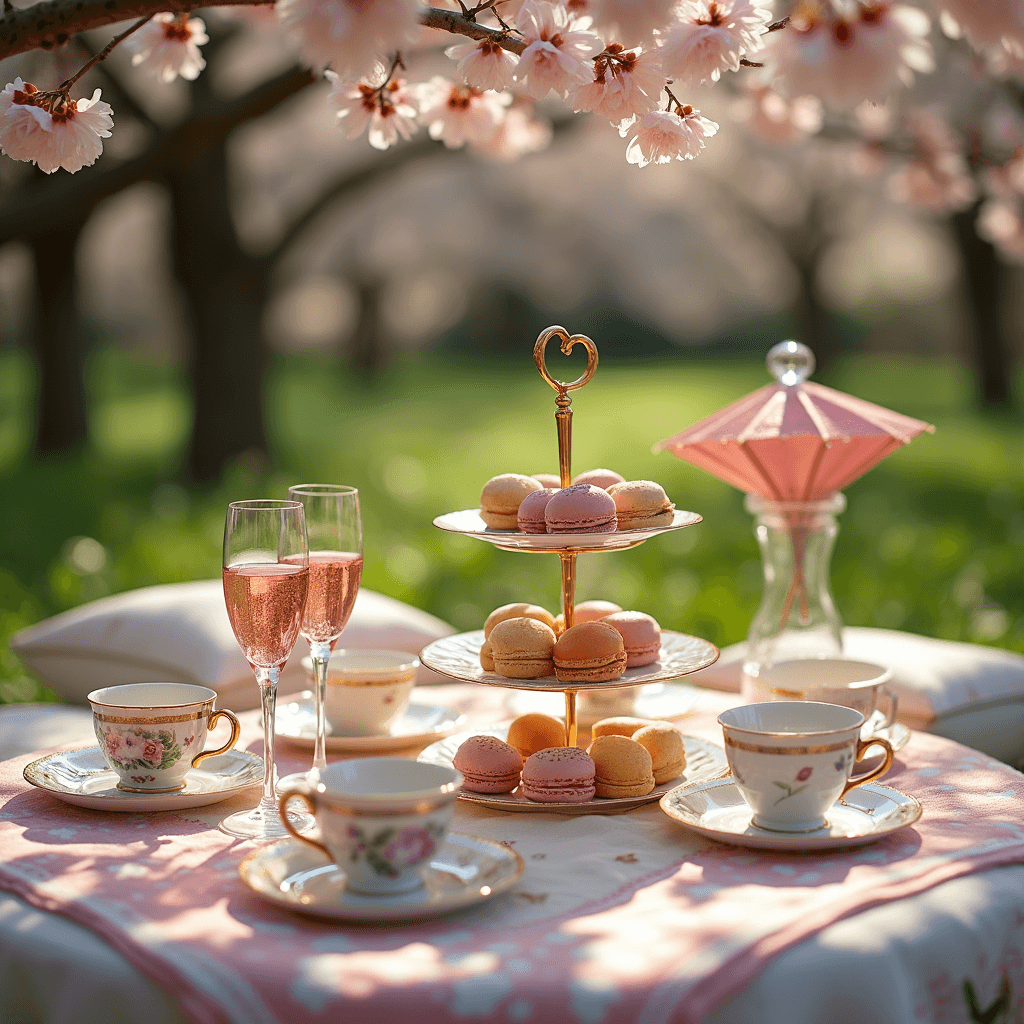 A whimsical garden tea party set under a blooming cherry tree, featuring a low table with pastel china teacups, gold-rimmed dessert plates, a tiered cake stand with petit fours and macarons, and champagne coupes filled with bubbly, surrounded by plush floor cushions on a patchwork quilt.