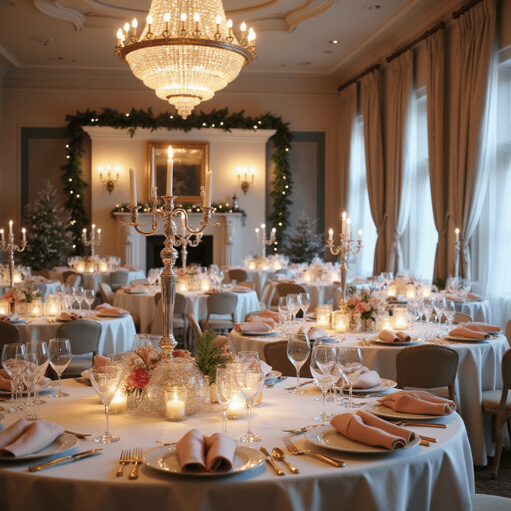 A luxurious winter wonderland dinner party setup in an elegant ballroom, featuring round tables with white tablecloths, silver candelabras, and crystalline centerpieces, all illuminated by soft candlelight and a sparkling chandelier.