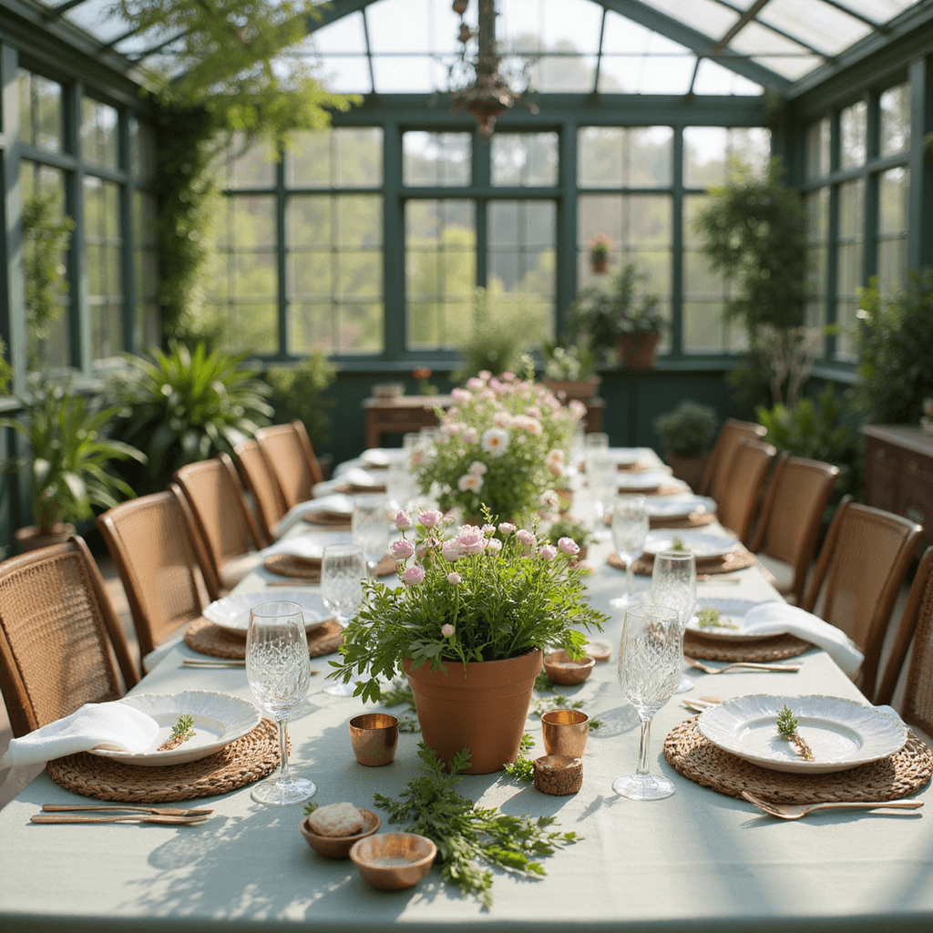 A sunlit garden conservatory dinner party featuring a long farmhouse table with a sage linen tablecloth, adorned with terracotta pots of fresh herbs and pastel spring blooms, mismatched vintage china, crystal glassware, and copper accents, surrounded by lush greenery.