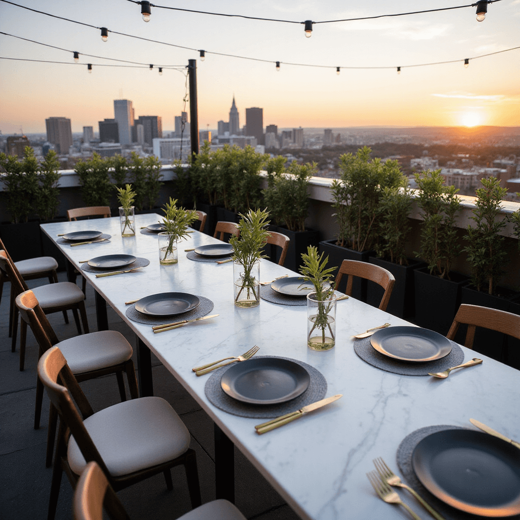 A modern minimalist rooftop dinner party at sunset, featuring a sleek white marble table with matte black plates and geometric brass cutlery, surrounded by clear glass vases holding single architectural plant stems, set against a dramatic city skyline illuminated by string lights.