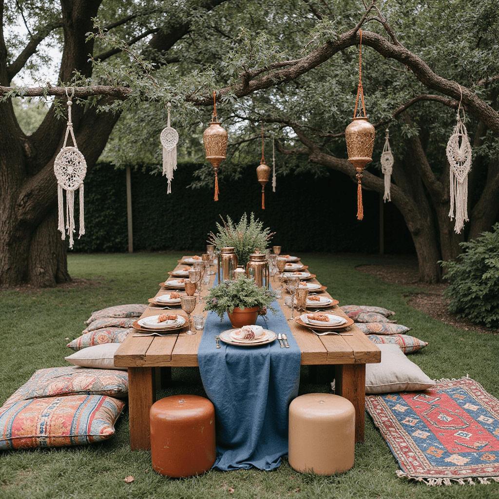 A boho chic backyard dinner party featuring a long reclaimed wood table adorned with a hand-dyed indigo runner, surrounded by eclectic floor pillows and low stools, with brass lanterns and terracotta pots of succulents. Macramé hangings and dream catchers are suspended from tree branches above, with colorful Moroccan rugs on the grass. Place settings include handmade ceramic plates, copper mugs, and vintage glassware, captured from a slightly elevated angle showcasing the lush surroundings and rich textures.