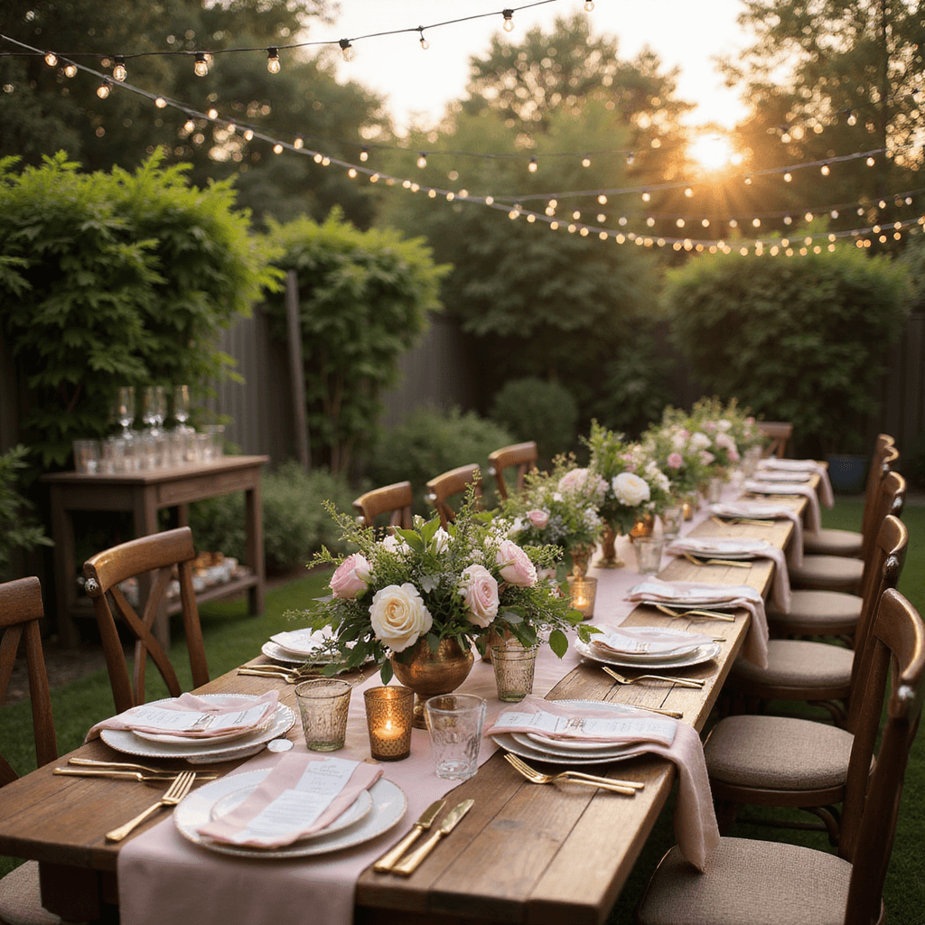 A picturesque garden dinner party at golden hour, featuring a long wooden table with blush linen runners, vintage china, gold flatware, and lush floral centerpieces in brass vessels, surrounded by string lights and flickering candlelight, as guests enjoy botanical cocktails from a rustic bar cart.