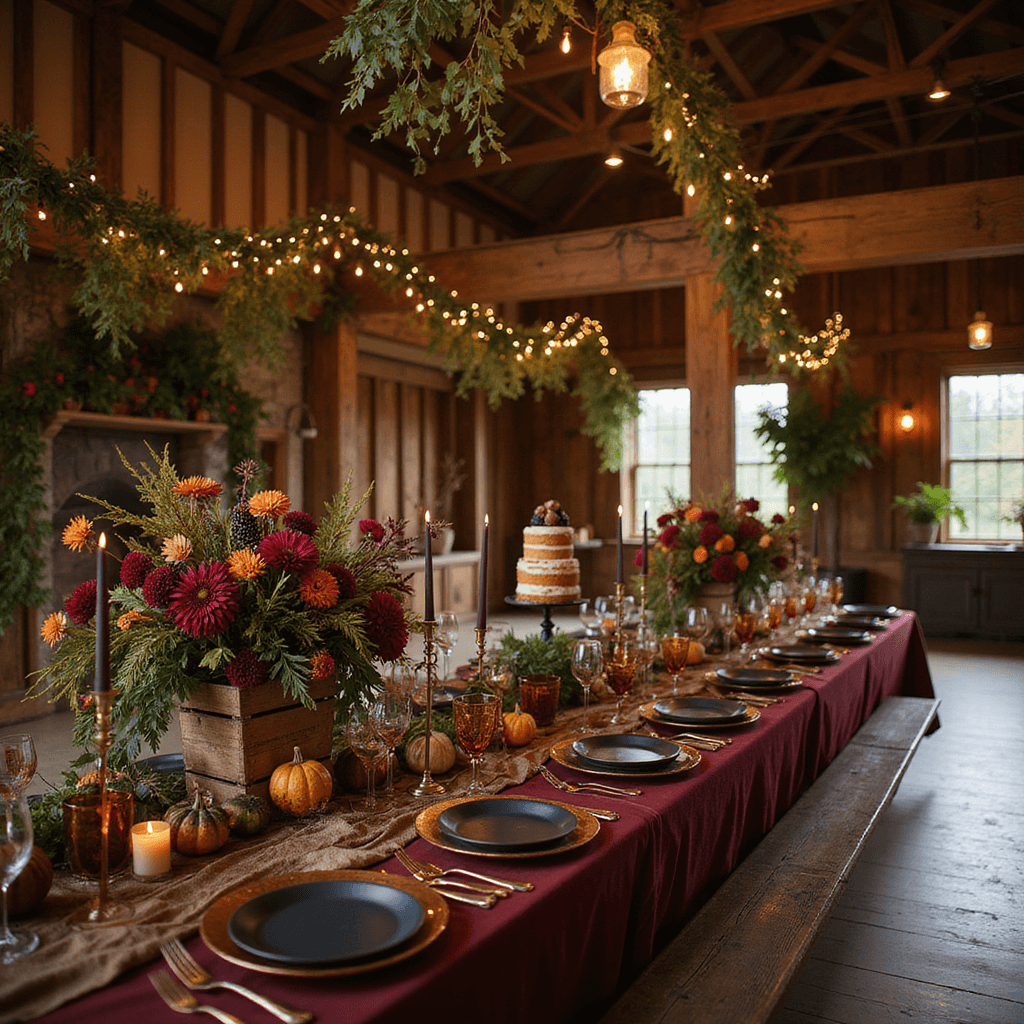 A cozy autumn dinner party in a rustic barn with exposed wooden beams, adorned with foliage and fairy lights, featuring a long farmhouse table dressed in burgundy velvet, hammered copper place settings, and amber glassware, surrounded by weathered crates of pumpkins and dahlias, with candelabras casting a warm glow and a dessert station displaying a naked cake with figs and blackberries.