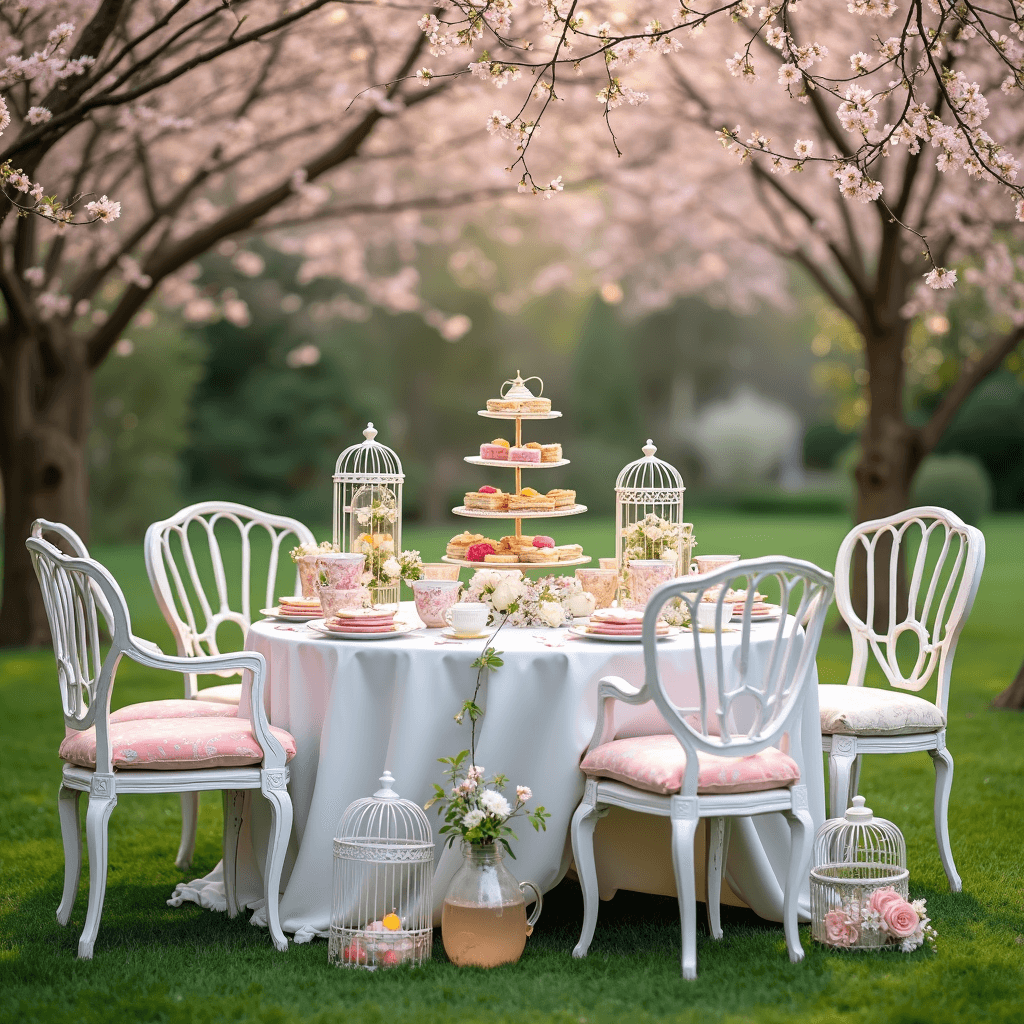 A whimsical garden tea party with white wrought iron furniture, pastel floral cushions, mismatched vintage teacups, a multi-tiered cake stand of sandwiches and macarons, cherry blossoms overhead, crystal decanters of iced tea, and antique birdcages filled with flowers, all bathed in soft morning light.