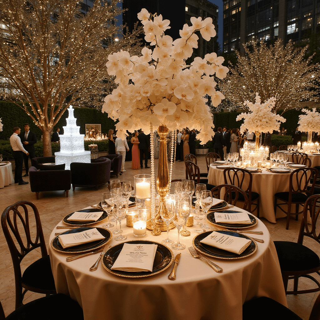 An opulent New Year's Eve celebration on a marble terrace, adorned with twinkling lights, luxurious silk tablecloths, elegant centerpieces, and a grand ice sculpture caviar bar, capturing glamorous guests and a sparkling champagne tower in a luxurious setting.