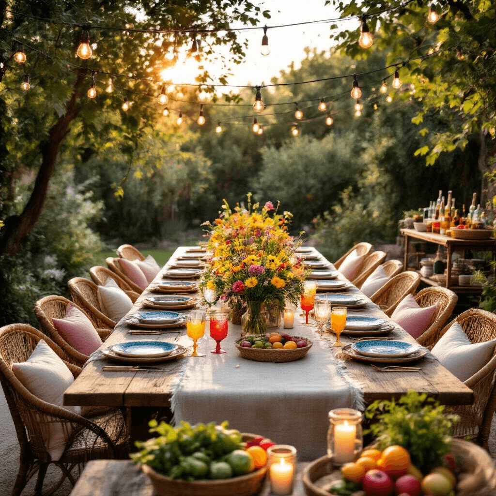 A beautifully arranged bohemian backyard at golden hour featuring a long wooden table with vintage plates and wildflower centerpieces, surrounded by rattan chairs with pastel cushions, string lights overhead, a rustic bar cart with colorful cocktails, flickering candles in mason jars, and lush greenery in the background.