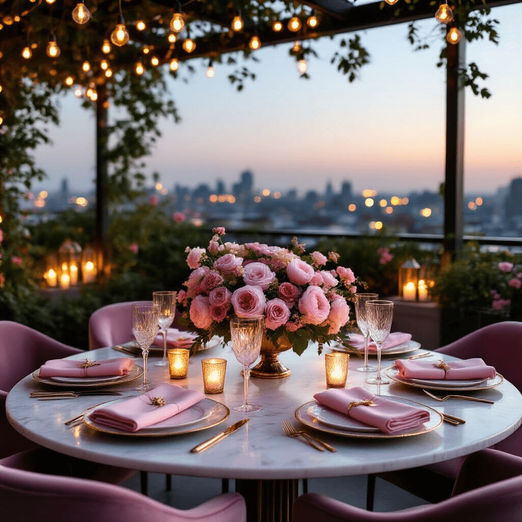 An intimate rooftop terrace at twilight featuring a round marble table set with gold-rimmed plates, blush pink napkins, and sparkling crystal champagne flutes, surrounded by velvet chairs and adorned with a floral centerpiece of peonies and garden roses, with fairy lights overhead and city lights twinkling in the background.