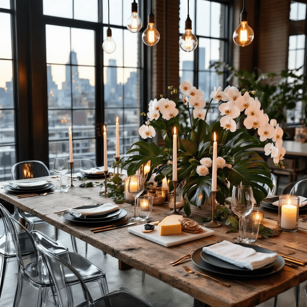 A cozy candlelit dinner party in a stylish loft apartment, featuring a weathered farmhouse table with modern ghost chairs, set with white linens, black plates, copper flatware, and taper candles. A floral arrangement of monstera leaves and white orchids serves as the centerpiece, with floor-to-ceiling windows revealing a twinkling city skyline. A marble cheese and charcuterie board is in the foreground, all captured from a slightly elevated angle.