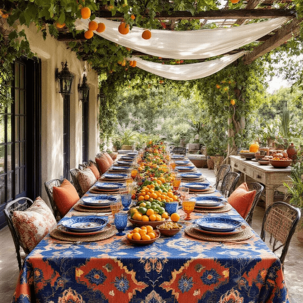 A vibrant Mediterranean alfresco dinner setup on a sun-washed patio, featuring a bold patterned tablecloth, mismatched ceramic plates, colorful glassware, a centerpiece of citrus fruits and bougainvillea, wrought iron chairs, and a rustic sideboard with Mediterranean dishes and sangria, all under a pergola draped in white fabric and grape vines, with a backdrop of whitewashed walls and distant sea views.
