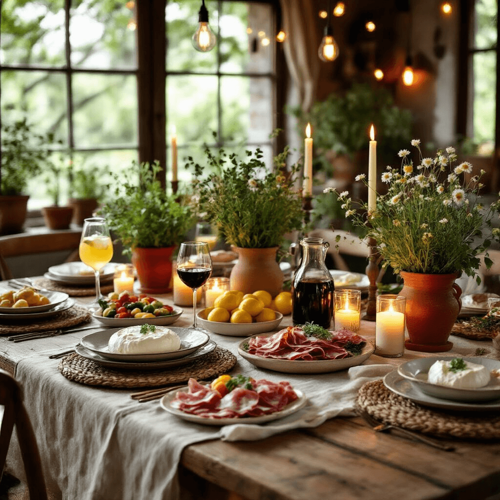 A cozy, candle-lit Italian dinner party featuring a long wooden table with a cream linen tablecloth, vintage mismatched plates, and terracotta herb centerpieces, adorned with lemons and wildflowers. The warm glow from string lights and candles illuminates antipasti platters, red wine, and limoncello spritz cocktails.