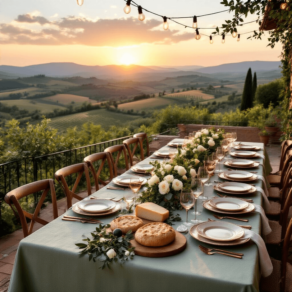 An overhead view of a beautiful outdoor Italian feast on a sunlit terrace, featuring a long sage green table with copper chargers, cream plates, crystal glasses, and rustic centerpieces of olive branches, white roses, and figs, illuminated by fairy lights and a sunset sky of pink and gold over rolling Tuscan hills.