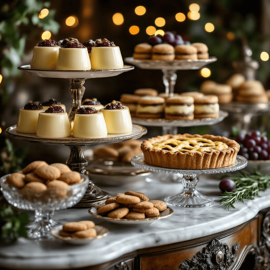 Close-up of an opulent Italian dessert display on a marble-topped antique sideboard, featuring tiered cake stands with golden panna cotta, rich tiramisu, and rustic fruit crostata, surrounded by vintage crystal bowls of amaretti cookies and chocolate-dipped biscotti, adorned with fresh figs, grapes, and rosemary, illuminated by soft-focus fairy lights in warm lighting.