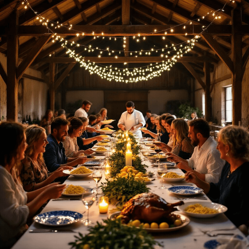 A lively Italian dinner party in a rustic barn, featuring guests laughing and sharing food at long tables adorned with white linens and blue patterned plates, under twinkling fairy lights. A chef carves roasted porchetta in the foreground, while centerpieces of olive branches and lemons enhance the cozy, joyful atmosphere.