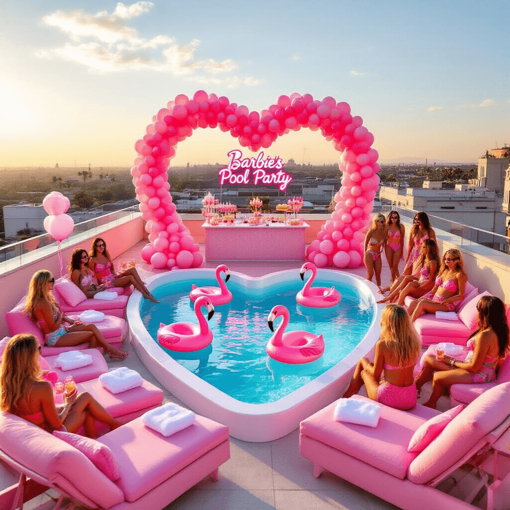 A vibrant rooftop terrace transformed into a Barbie-themed pool party, featuring a heart-shaped pool with pink flamingo floats, plush pink lounge chairs, an ombré pink balloon arch, and a bar with festive cocktails and a cotton candy machine, all bathed in warm golden hour light.