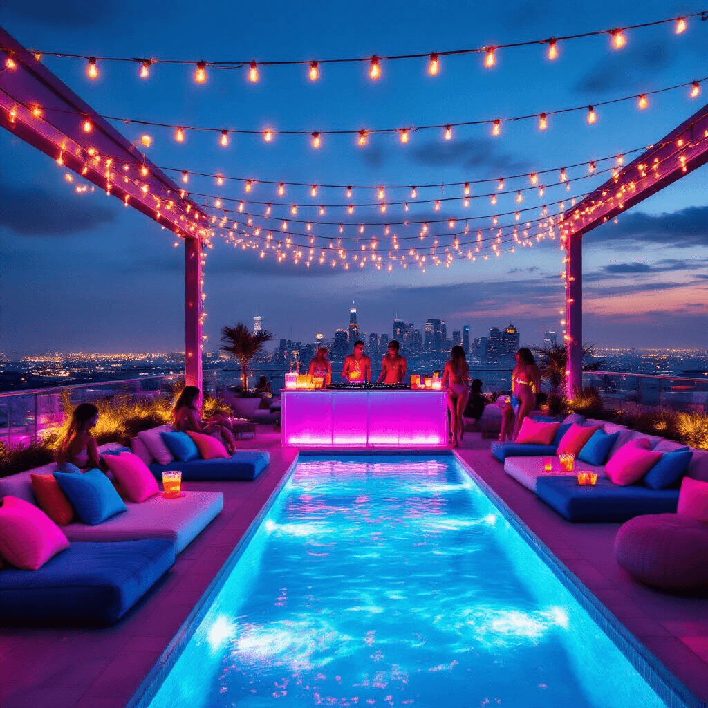 A vibrant twilight rooftop terrace transformed into a neon wonderland for a pool party, featuring a sleek infinity pool with color-changing LED lights, plush lounge areas with electric blue and hot pink pillows, fairy lights overhead, a fluorescent DJ booth, guests in glowing accessories, and a bar serving drinks in light-up glasses, all set against a stunning city skyline.