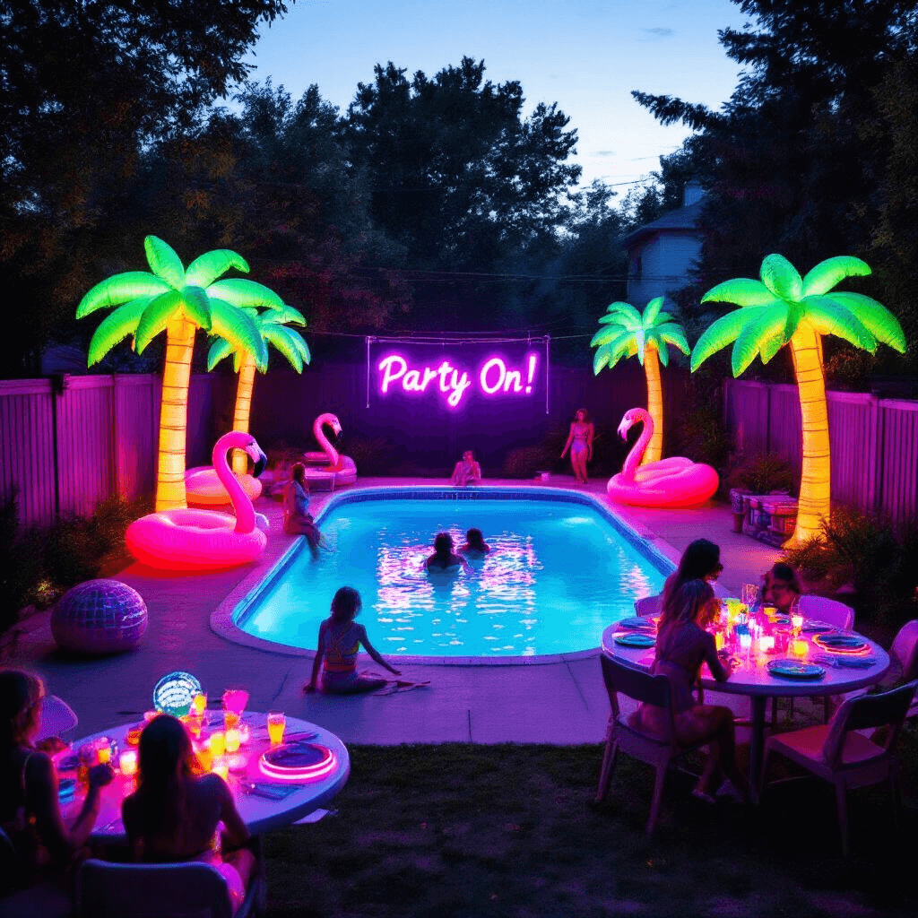 An energetic backyard pool party featuring a kidney-shaped pool illuminated in purple and teal, surrounded by inflatable palm trees and flamingos. A neon 'Party On!' sign hangs nearby as guests in 80s outfits dance on a disco-lit floor, with glow-in-the-dark centerpieces enhancing the vibrant atmosphere.