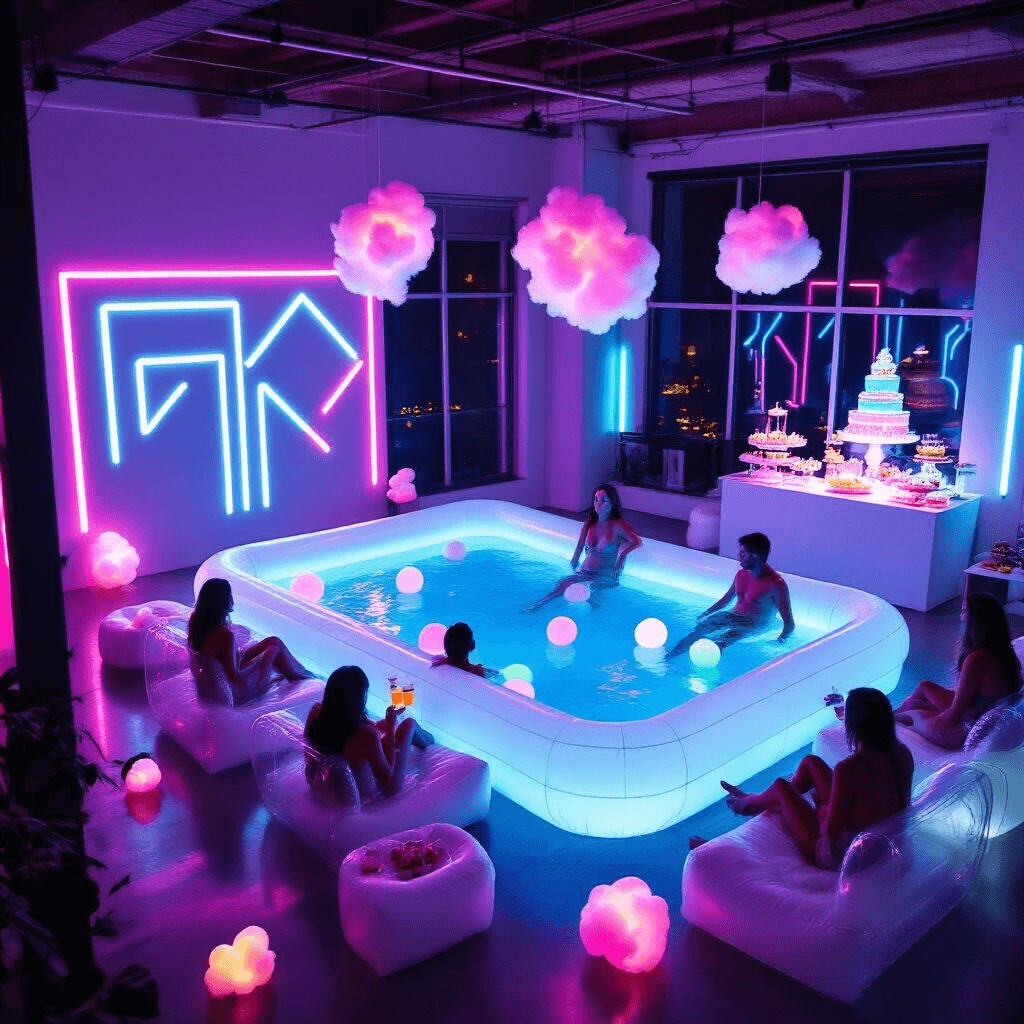 A modern loft apartment transformed for a neon pool party, featuring a large inflatable pool, sleek white furniture, geometric neon tape patterns, floating LED orbs, a dessert table with glow-in-the-dark treats, and guests relaxing in clear inflatable chairs with drinks adorned with glowing ice cubes.
