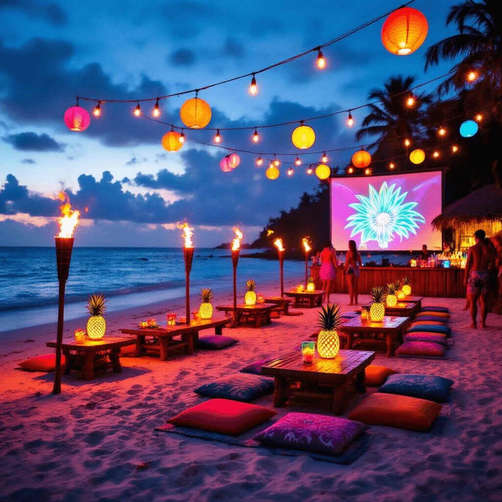 A vibrant tropical luau at the beach with tiki torches, glowing pineapples as centerpieces, colorful floor cushions, string lights, neon paper lanterns, and guests in flower leis, set against a sunset backdrop.