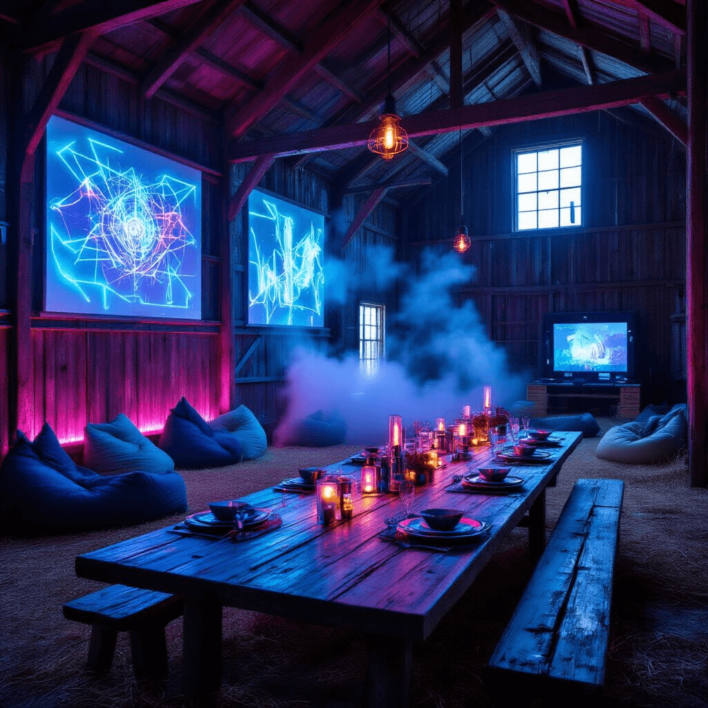 A transformed rustic barn interior featuring LED lights in blues and purples, a metallic farmhouse table with tech-inspired centerpieces, holographic projections of digital art on the walls, a VR gaming station, and a cozy hayloft chill-out zone with bean bags and fog effects, captured from the entrance.