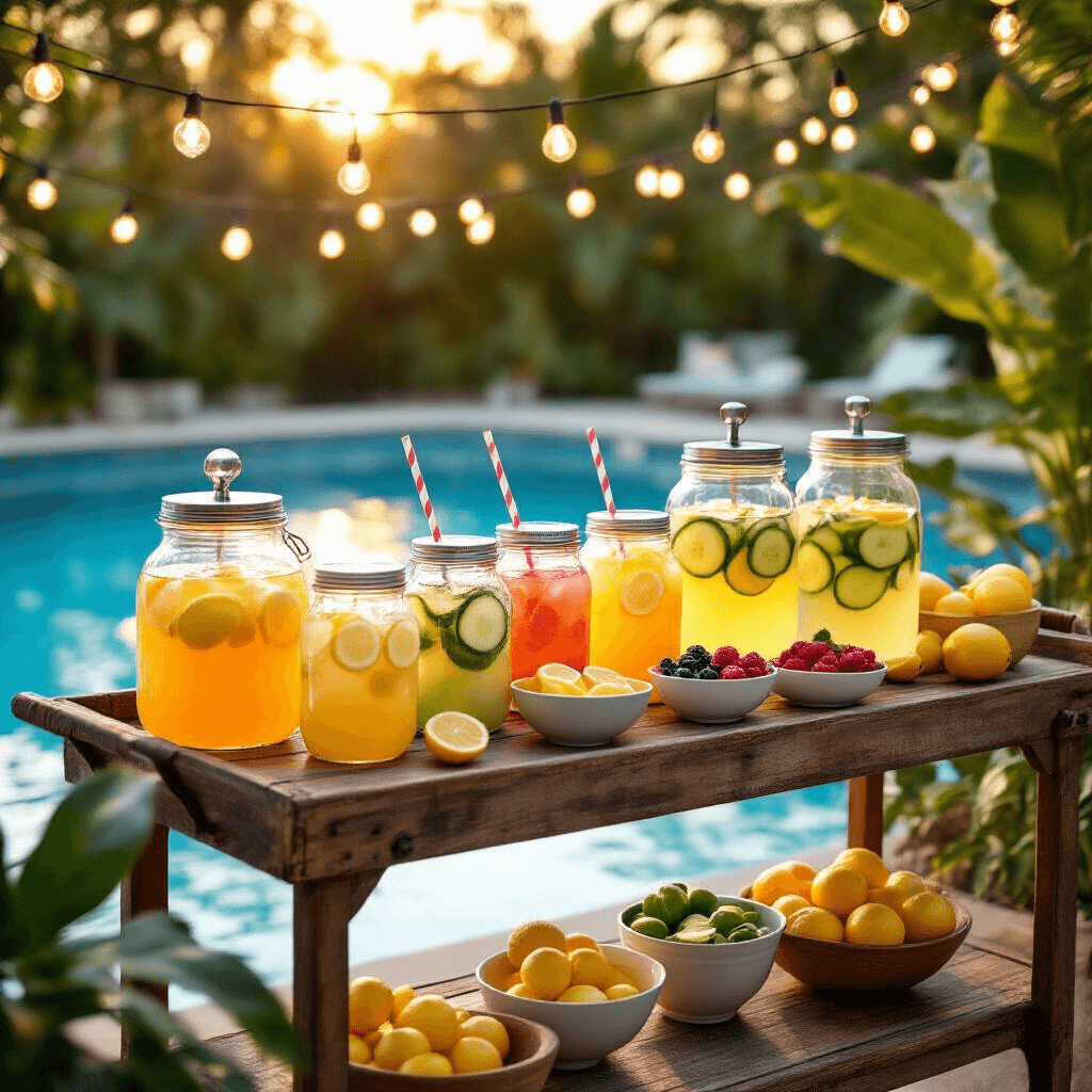 A vibrant poolside scene at golden hour featuring a rustic wooden bar cart with colorful glass dispensers of lemonade, spritzers, and cucumber-infused water, surrounded by mason jars with striped straws, citrus slices, and berries, all illuminated by overhead fairy lights with a glistening pool in the background and tropical plants framing the edges.