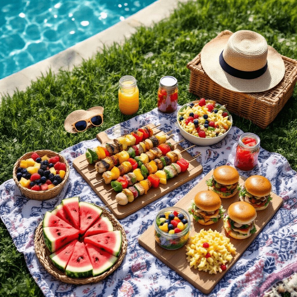 An overhead flat lay of a colorful picnic setup on green grass near a pool, featuring a Turkish towel, grilled skewers, sliders, pasta salads in mason jars, fruit platters, wicker baskets, sunglasses, and a straw hat, all highlighted by soft lighting.