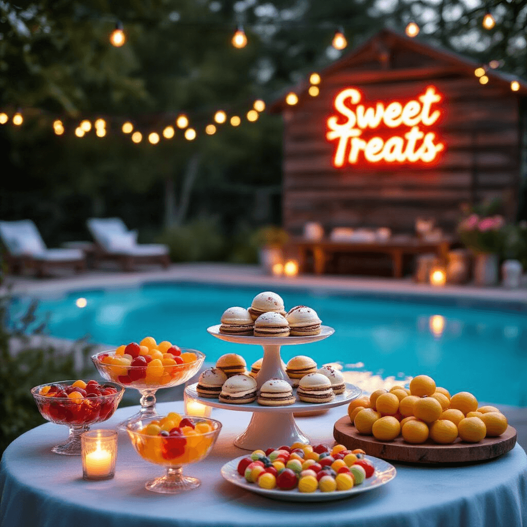 A dessert table at dusk featuring a tiered stand of homemade ice cream sandwiches, surrounded by colorful jelly cups and fruit kabobs, all illuminated by warm string lights and candles, with a rustic backdrop and a 'Sweet Treats' neon sign.