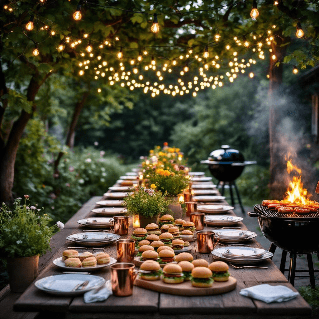 An intimate garden party at twilight with a long farmhouse table featuring sliders and mini sandwiches, surrounded by fairy lights and greenery. Mismatched vintage plates and copper mugs adorn the table, while a BBQ grill showcases sizzling skewers nearby. Potted herbs and wildflowers in mason jars serve as centerpieces.