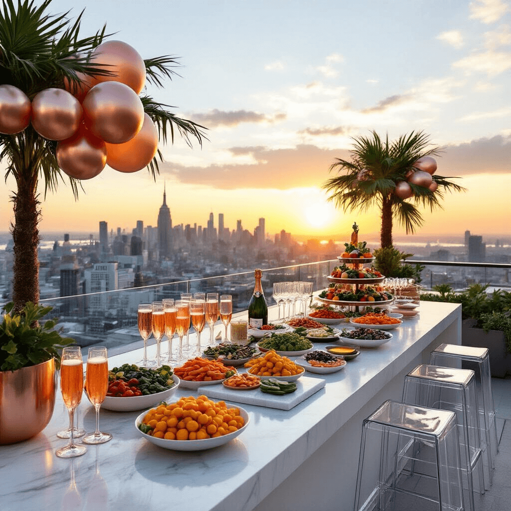A modern rooftop terrace at sunset features a sleek white bar with acrylic ghost stools, colorful vegetable platters, dips, zucchini bites on marble boards, and a champagne tower with bubbling prosecco in rose gold coupes, framed by metallic balloon garlands and potted palms, all set against a warm, glowing city skyline.