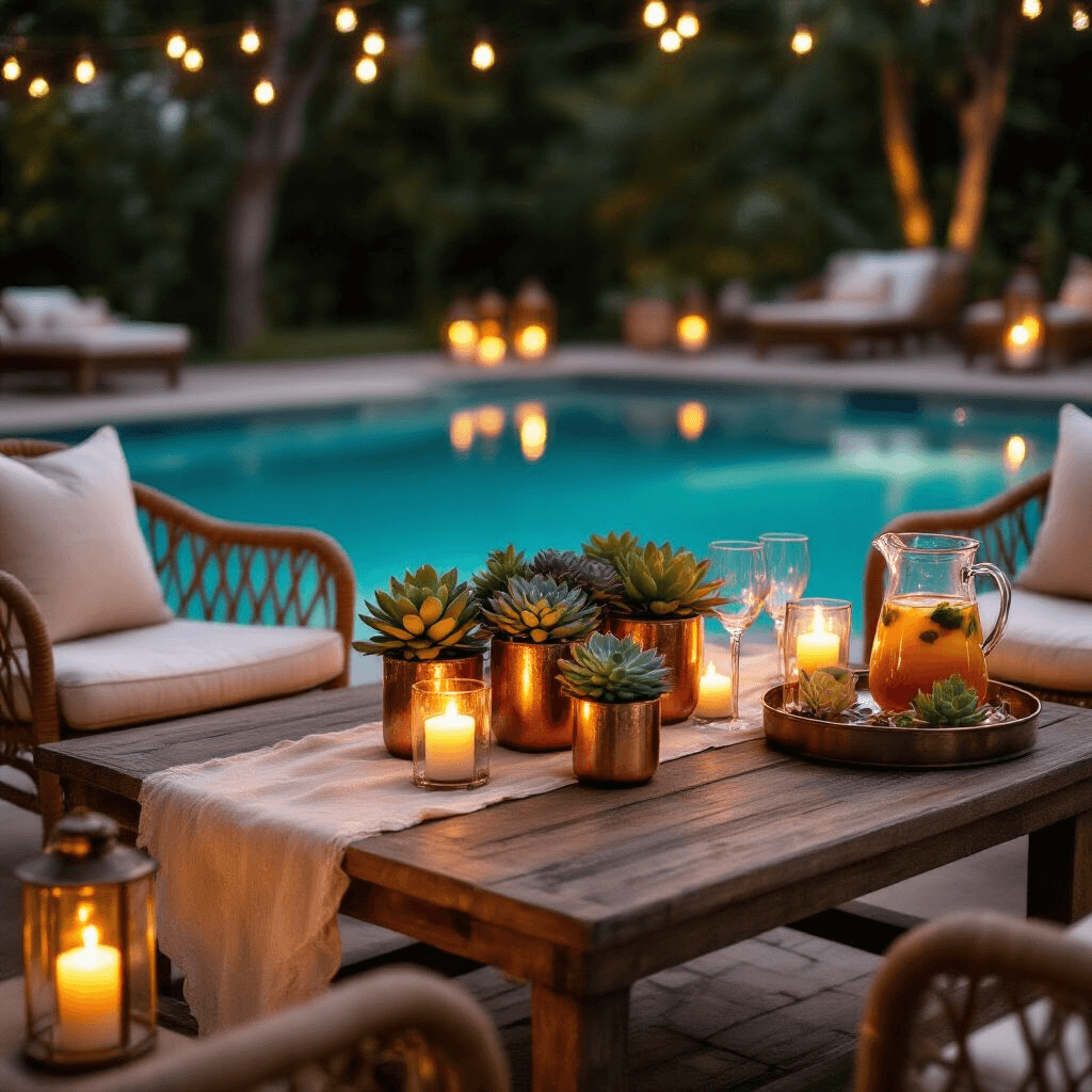 Cozy evening poolside gathering with a rustic cocktail table featuring succulents in copper planters, surrounded by low rattan chairs, flickering lanterns, and string lights reflecting off the water.