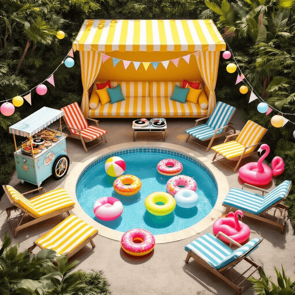 Aerial view of a retro-inspired pool party with a yellow and white striped cabana, mid-century modern lounge chairs in primary colors, a circular pool filled with colorful inflatables, a vintage ice cream cart, string lights, and a vinyl record player.