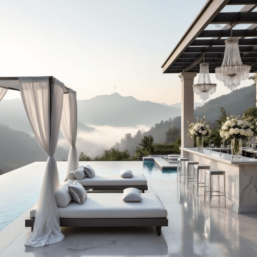 A luxurious resort-style pool area in early morning light featuring an infinity pool with a misty mountain backdrop, plush daybeds with white canopies, a marble bar with ghost stools, and crystal chandeliers, all in a monochromatic palette of whites and silvers, exuding elegance and serenity.