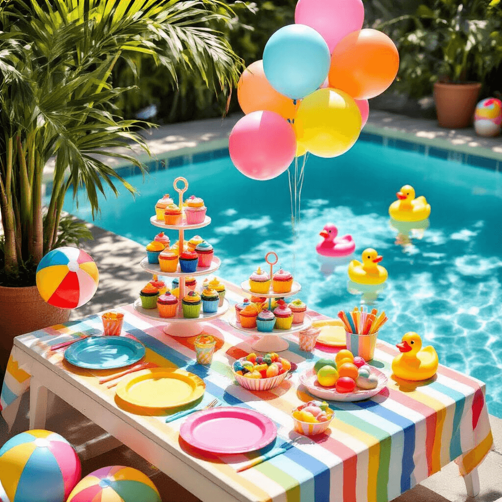 A vibrant kids' pool party setup featuring a colorful picnic area with a rainbow striped tablecloth, melamine plates, scattered beach balls, pool noodles, and rubber ducks, alongside a tiered stand of cupcakes and fruit skewers, all under the bright midday sun and helium sea creature balloons.