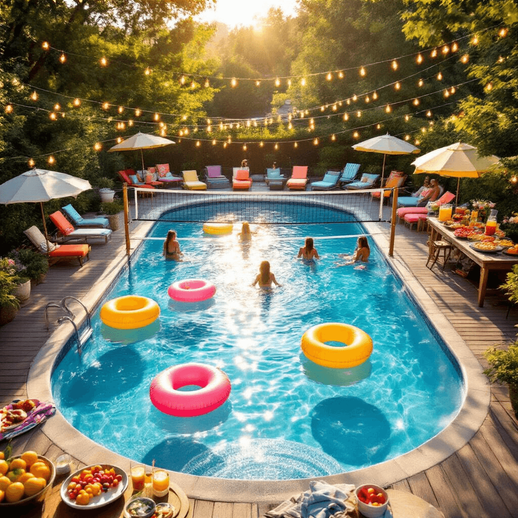 A vibrant summer backyard pool party at golden hour, featuring a sparkling in-ground pool with whimsical inflatable floats, players engaged in a volleyball game, and colorful lounge chairs and umbrellas around the pool. Strings of fairy lights hang above, and a wooden deck is set up with a snack and drink station.