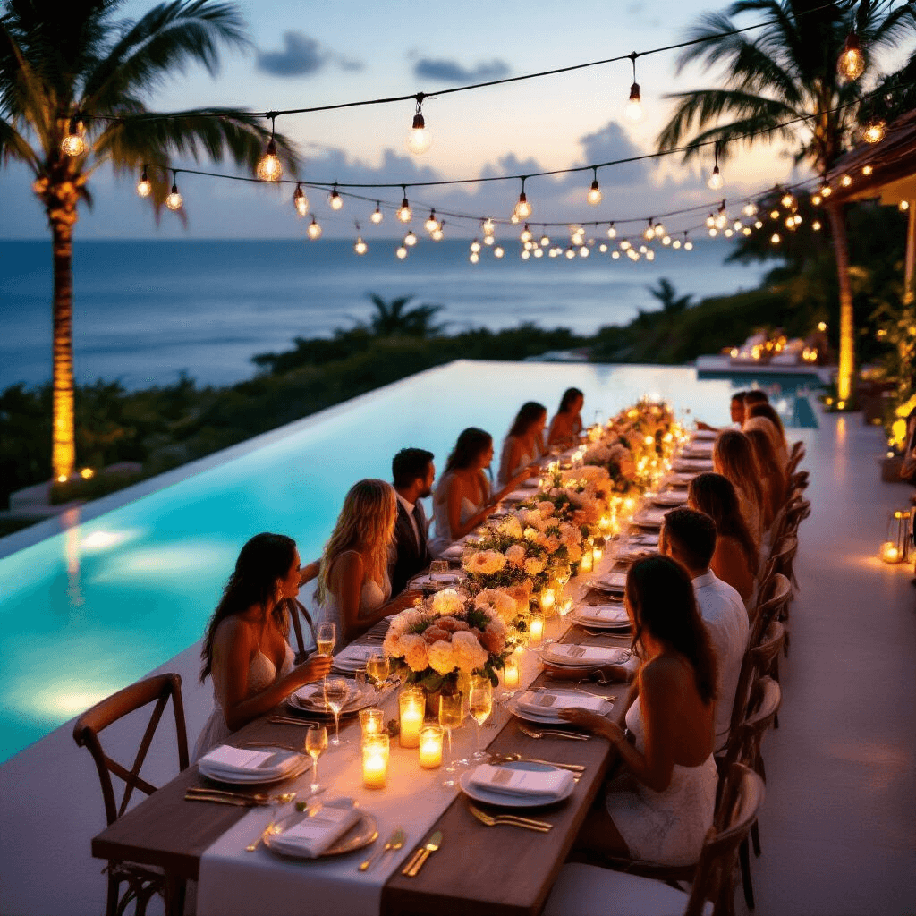 Overhead view of an elegant poolside dinner party at dusk, featuring a long farm table beside an infinity pool, illuminated by twinkling lights and floating candles, with guests in summer cocktail attire holding champagne flutes amid lush tropical decor.