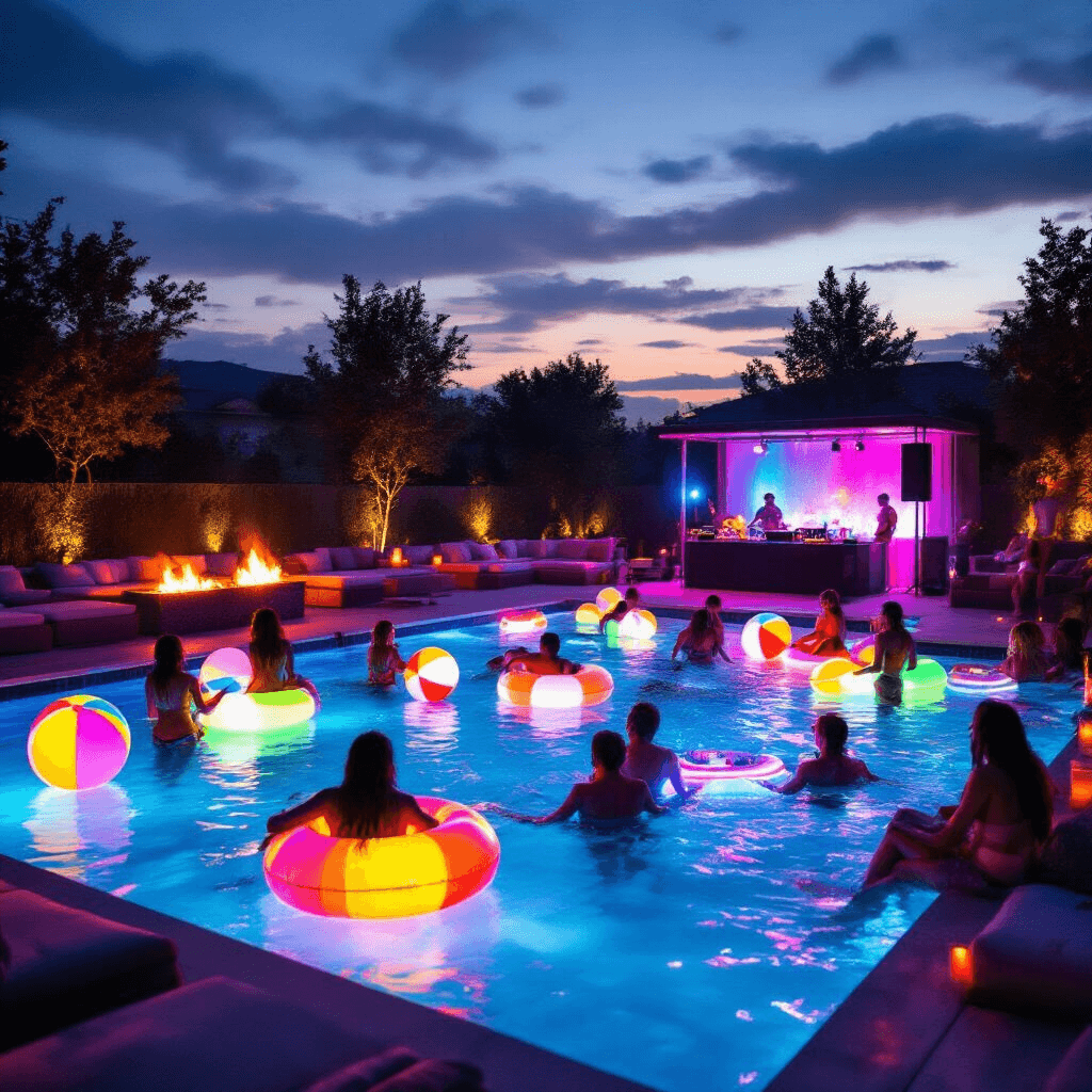 A lively nighttime pool party scene featuring colorful underwater lights, people playing with glow beach balls, floating on LED-lit inflatables, and socializing at a floating bar, surrounded by fire pits and a DJ booth, capturing the festive midsummer atmosphere.