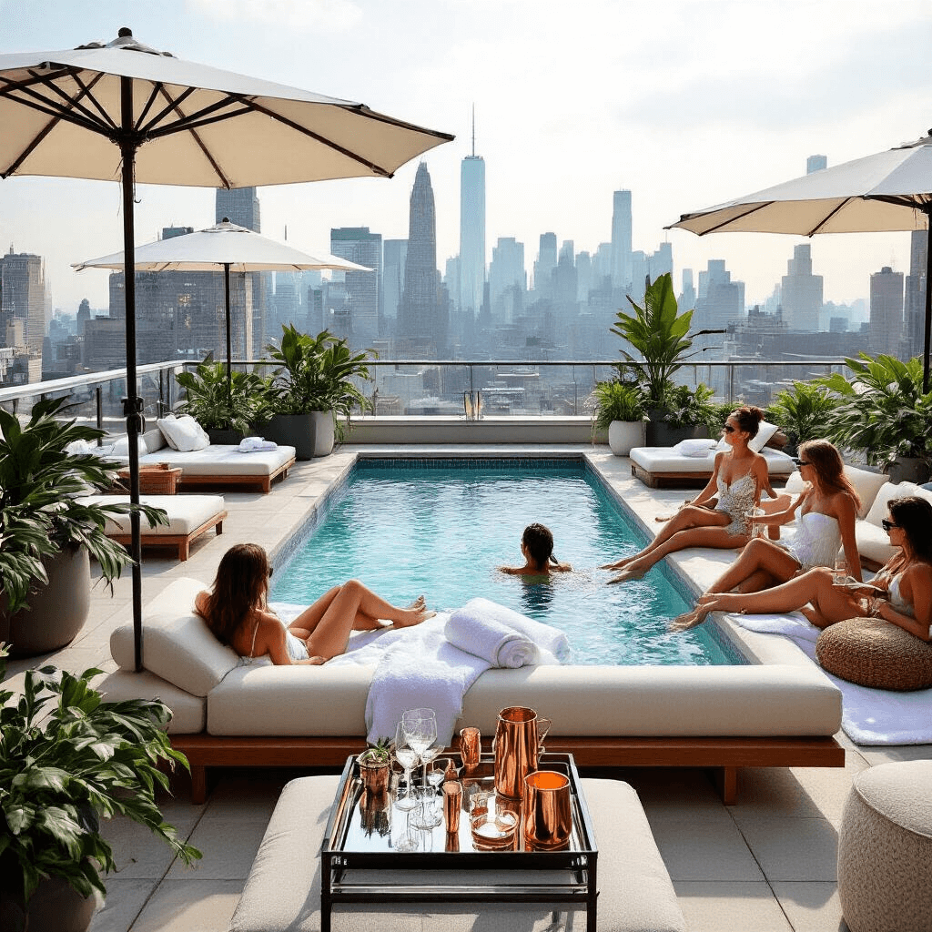 Intimate urban rooftop pool gathering featuring a sleek plunge pool, modern lounge furniture, oversized umbrellas, and greenery, with guests relaxing and a skyline backdrop.