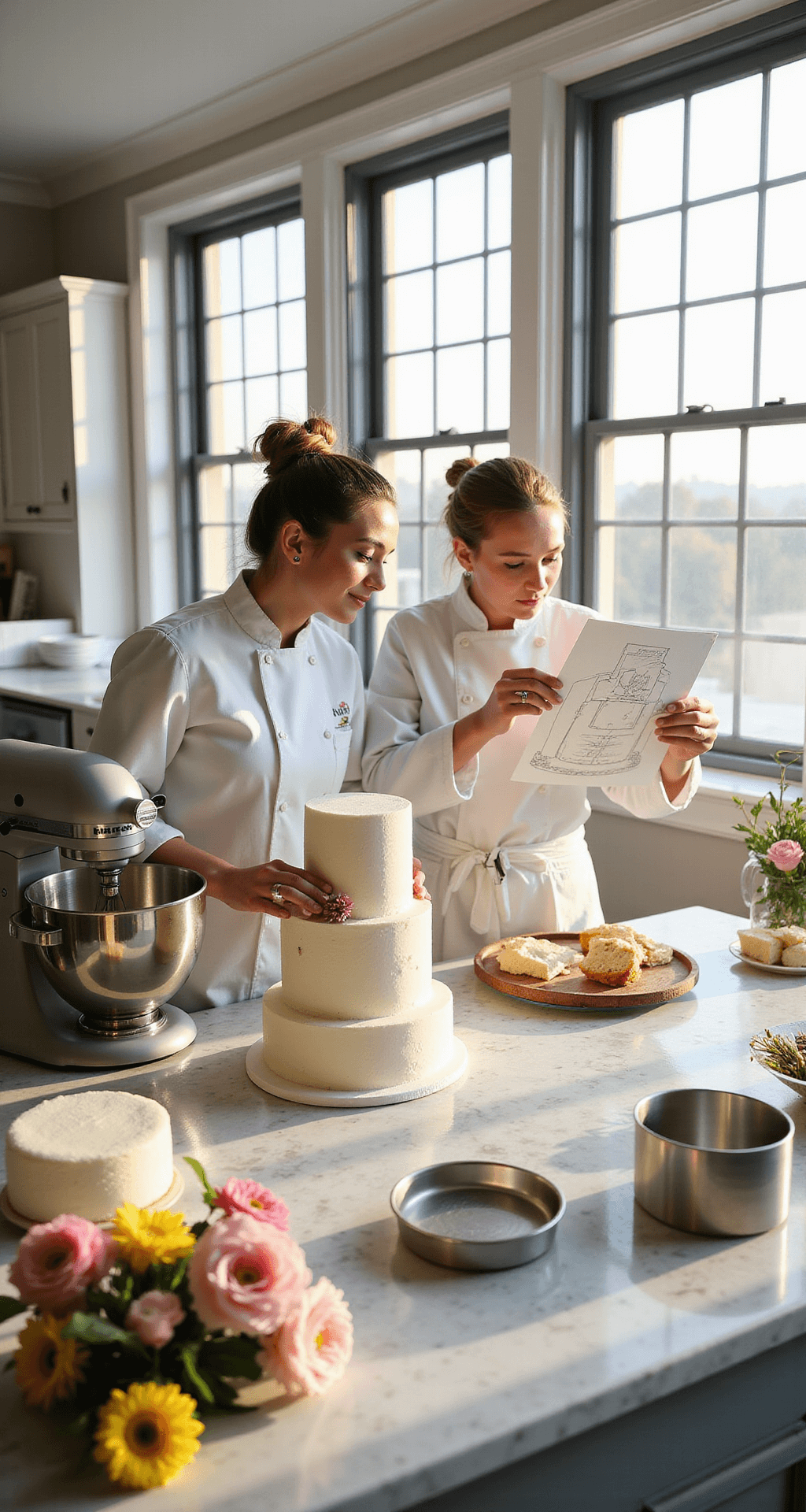 A bright bakery kitchen with a marble countertop featuring a KitchenAid mixer, cake pans, fresh flowers, and a pastry chef reviewing a cake sketch.