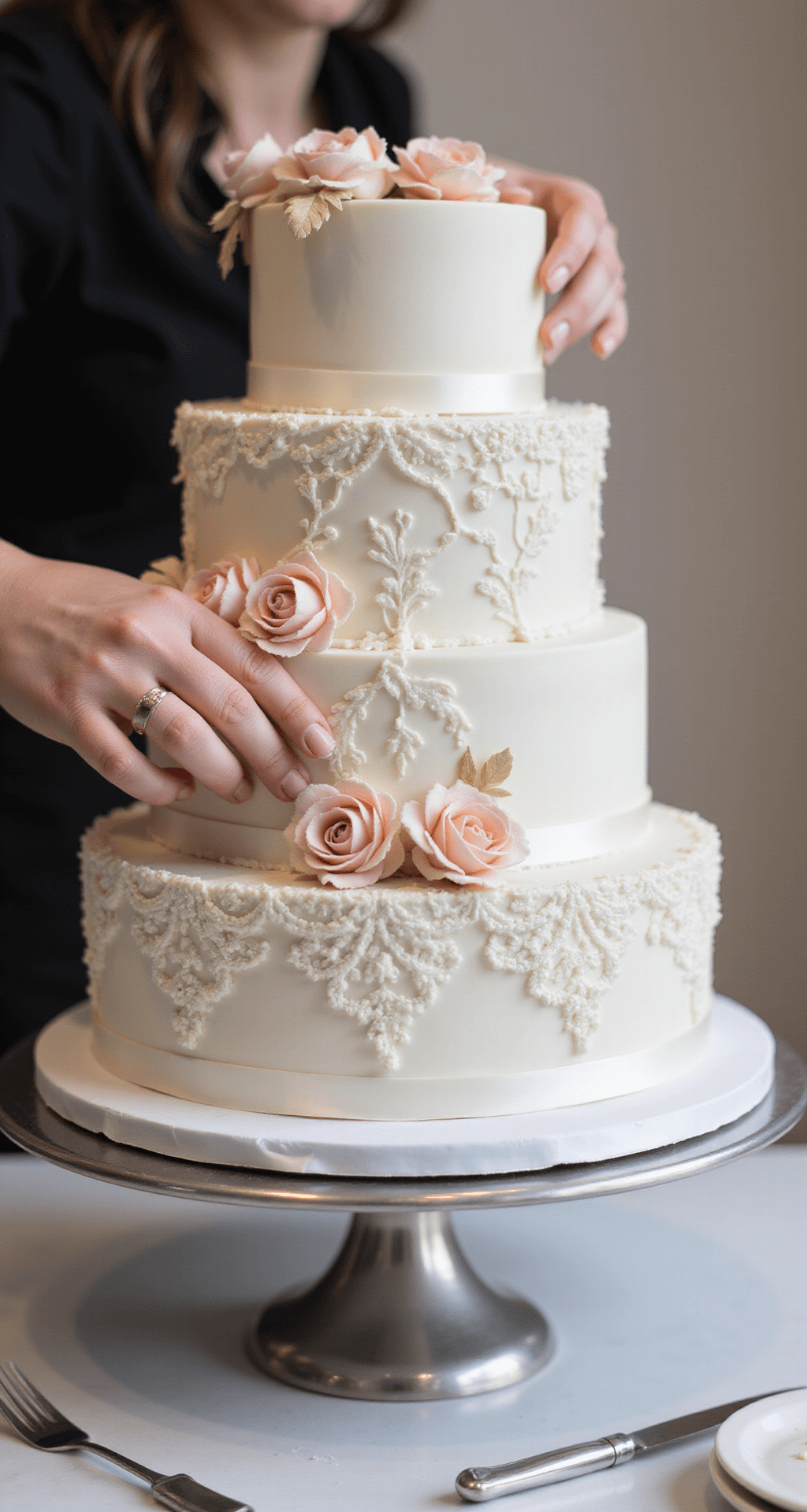 Close-up of hands applying pearl-white fondant to a multi-tiered wedding cake with lace patterns and blush sugar flowers on a silver turntable, surrounded by professional decorating tools in soft studio lighting.