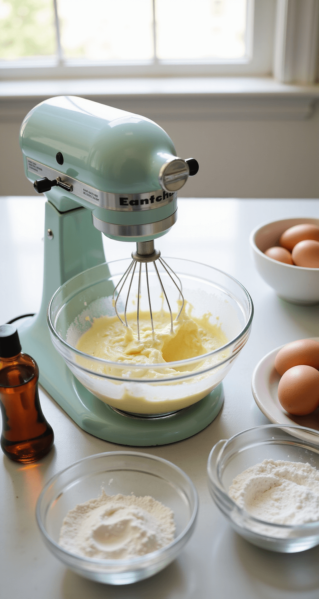 Close-up of a kitchen countertop with a vintage mixer creaming butter and sugar, surrounded by eggs, vanilla extract, and flour in elegant bowls, all lit by natural light.