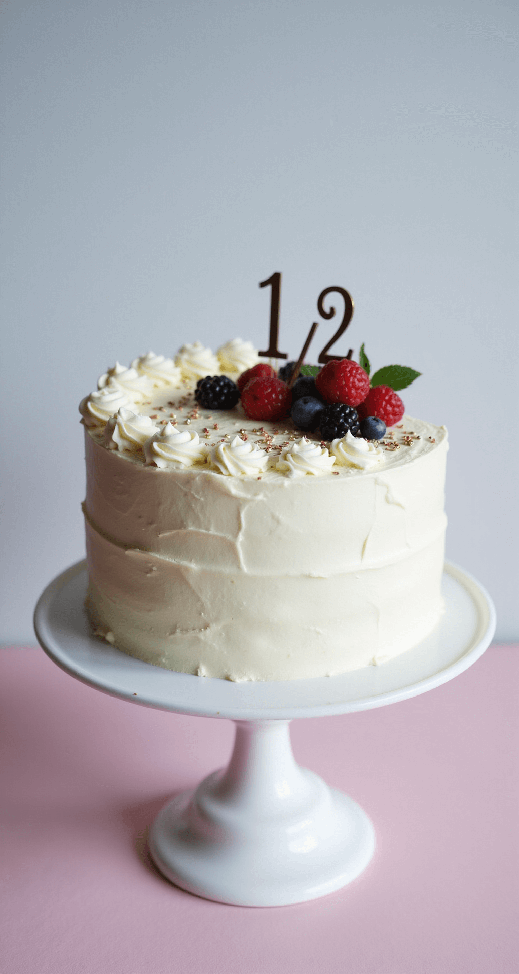 Professional overhead shot of a half-moon shaped cake on a white ceramic stand, featuring white buttercream frosting, piped rosettes, fresh berries, metallic sprinkles, and a '½' birthday topper against a pastel backdrop.