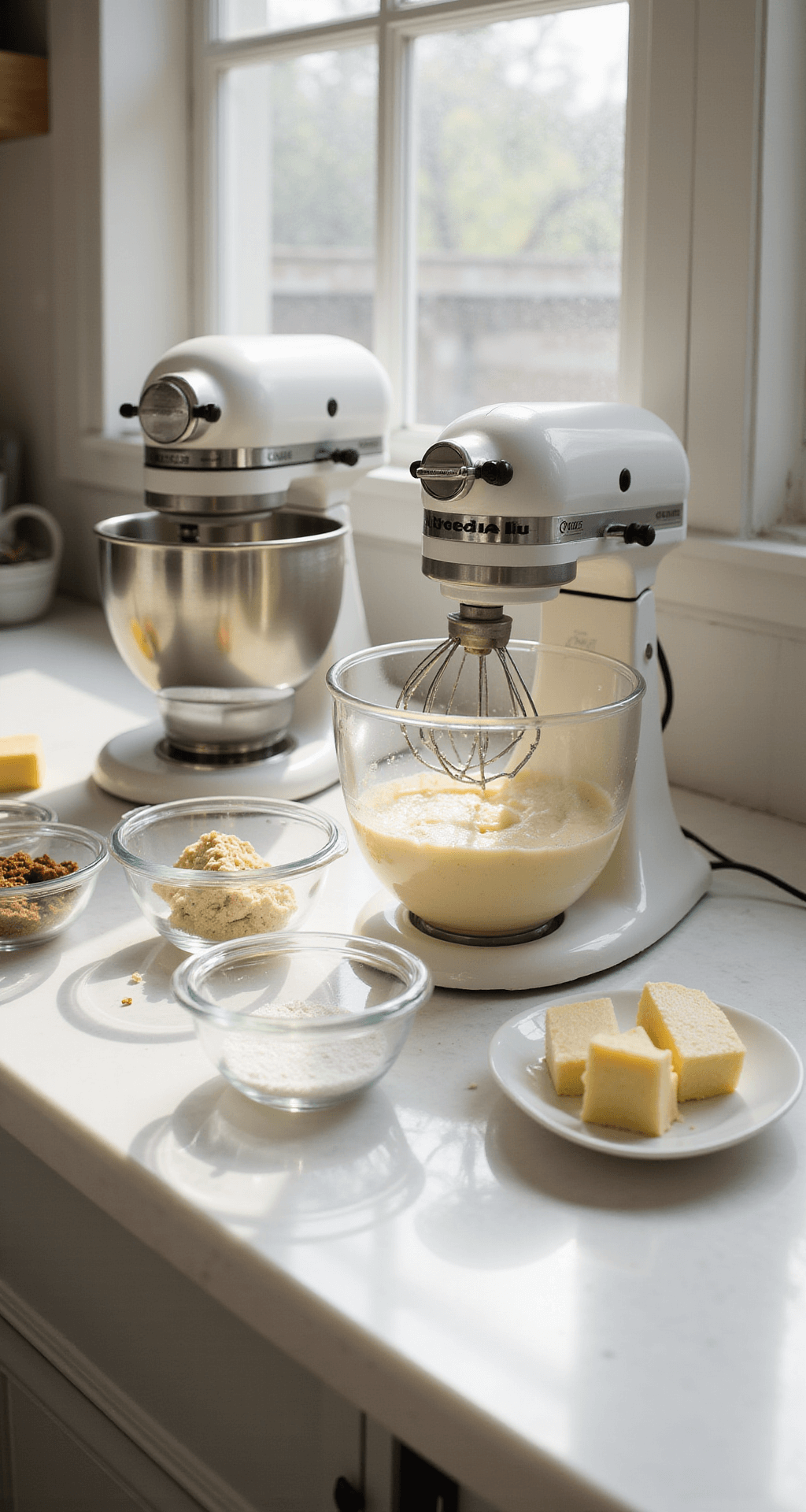 A sunlit professional kitchen with a white marble countertop, featuring a stand mixer creaming butter and sugar, with glass bowls of measured ingredients around, illuminated by morning light.