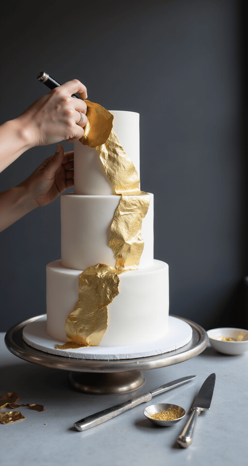 Close-up of skilled hands applying gold leaf to a multi-tiered white wedding cake on a silver turntable, set against a dark grey background with soft lighting highlighting the gold accents and surrounding decorating tools.