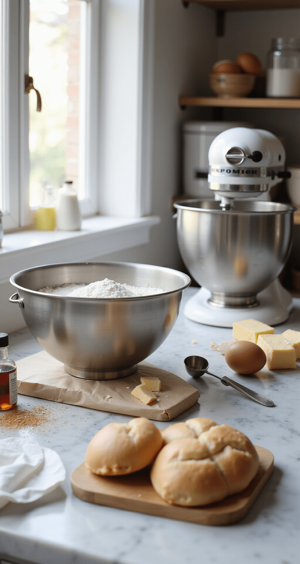 Close-up of a baking workspace with stainless steel mixing bowls of flour, sugar, and butter, arranged eggs, vanilla extract, measuring tools, a stand mixer, and parchment-lined cake pans, all illuminated by natural light.