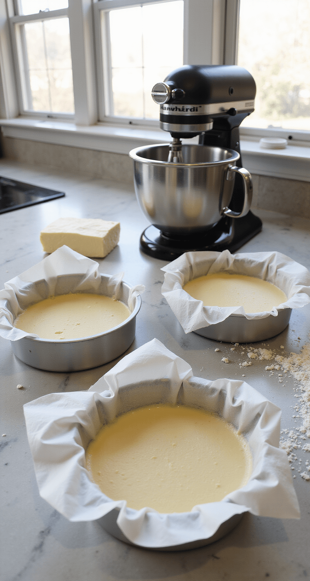 A well-organized professional kitchen baking station featuring a stainless steel stand mixer, measured ingredients in glass bowls, two lined 9-inch cake pans, and soft butter on a marble countertop dusted with flour, illuminated by natural light.