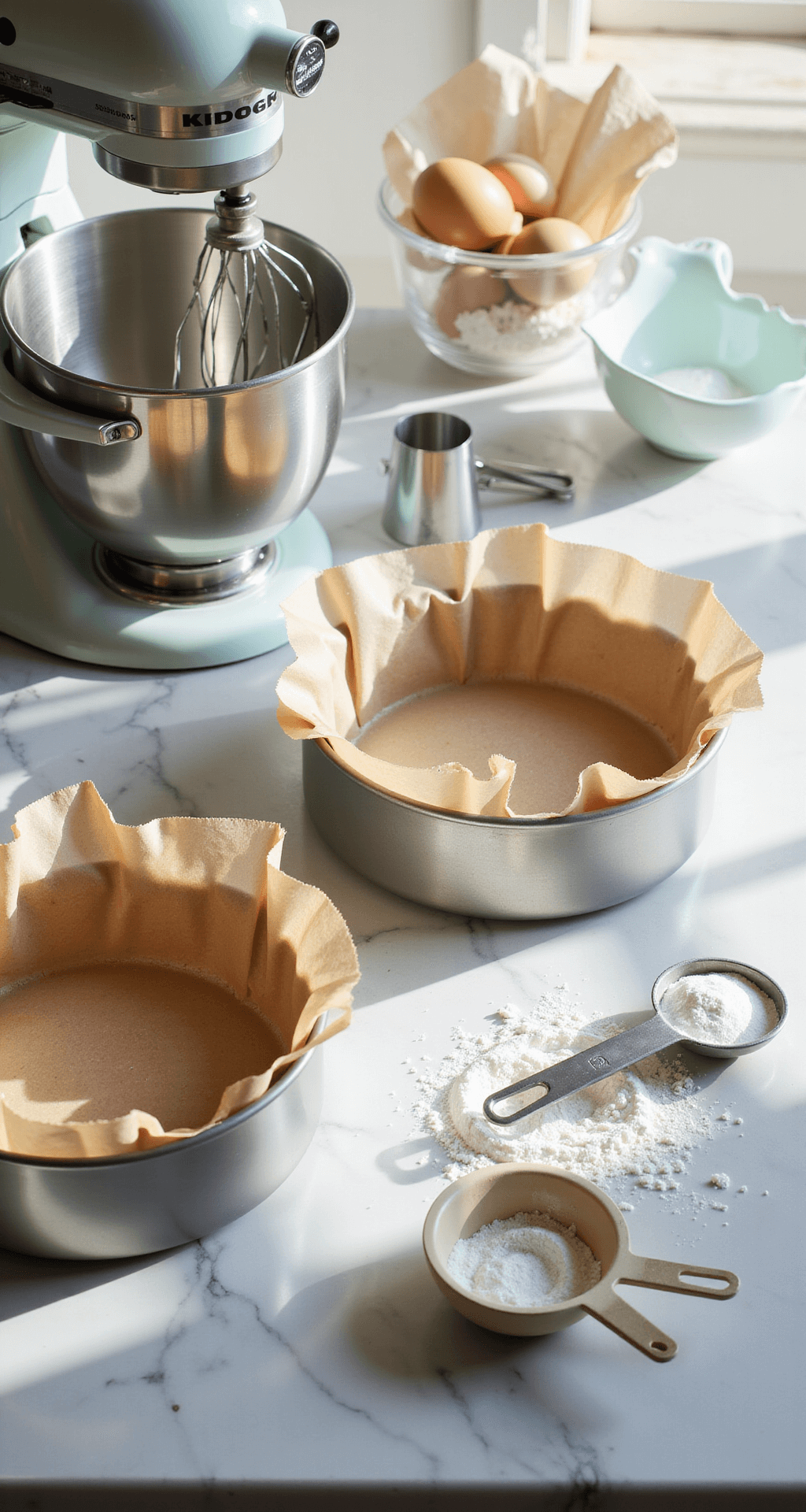 Close-up of a marble countertop with precisely measured baking ingredients, including flour, sugar, and eggs, alongside two lined cake pans and professional baking tools, bathed in natural light.