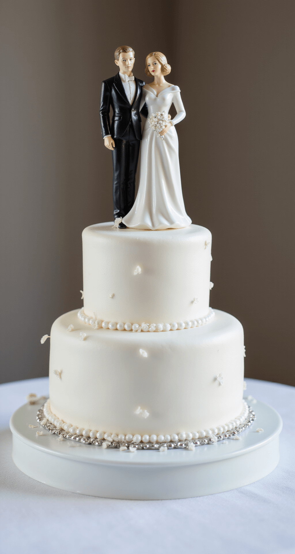 Close-up of an elegant porcelain wedding cake topper featuring a classic bride and groom figurine atop a white fondant-covered cake, adorned with pearl decorations and silver accents in soft natural lighting.