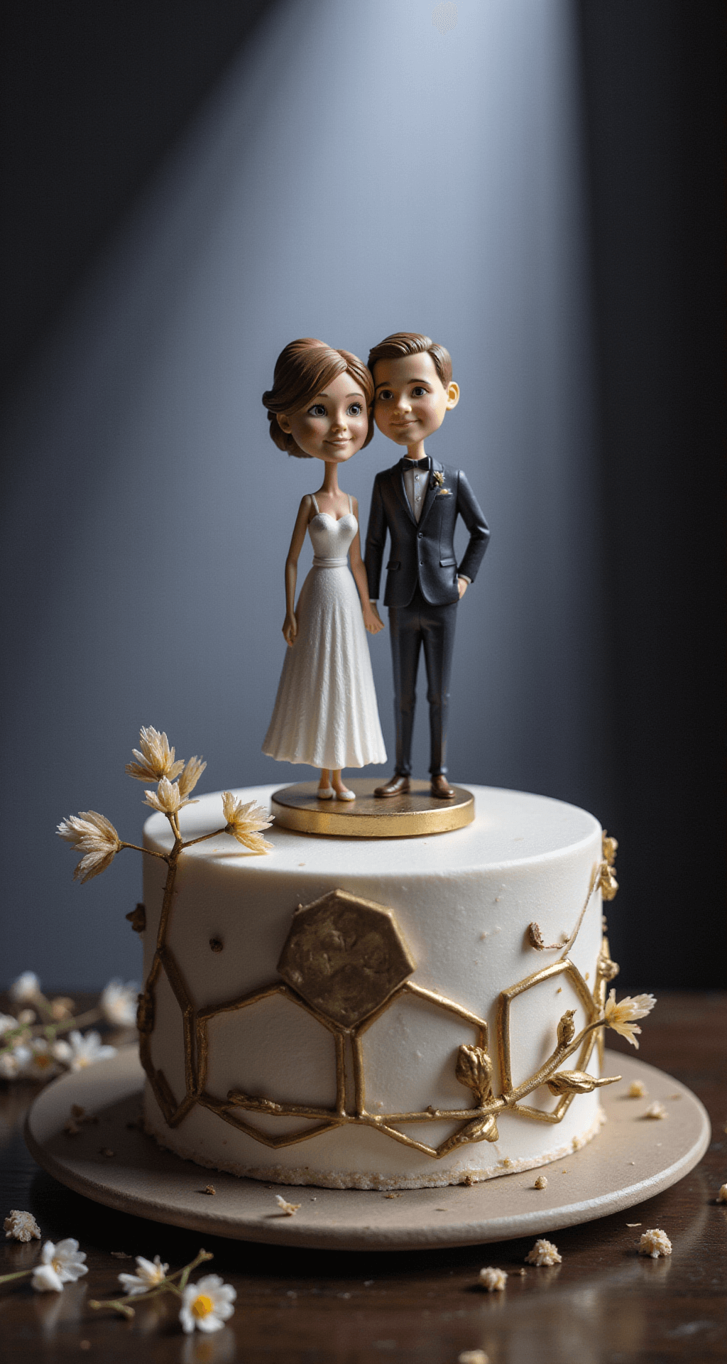 Professional product shot of a matte finish resin wedding cake topper featuring a personalized couple likeness, set on a modern geometric cake with metallic accents and minimalist floral elements, highlighted by dramatic spotlight lighting.
